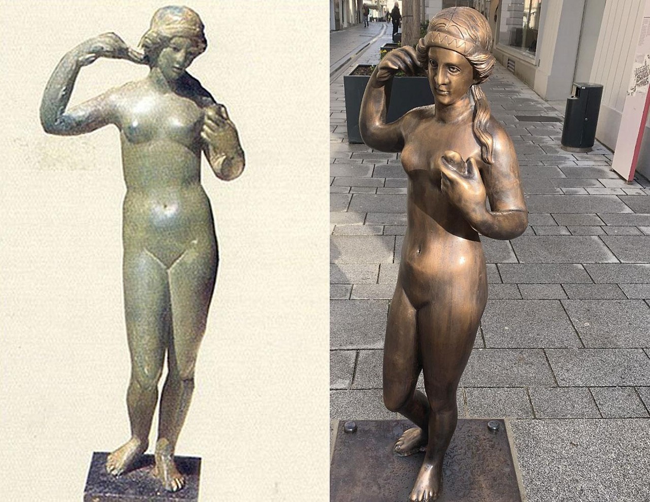 Links die Anfang des 20. Jahrhunderts in Gunskirchen gefundene Venus-Figur, rechts die Venus-Statue in der Welser Fußgängerzone