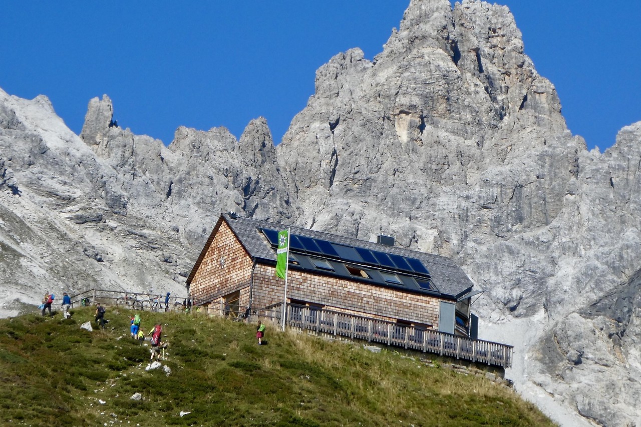 The Franz-Fischer-Hütte in the Radstädter Tauern near Zederhaus, in the background the summit of the Rothorn (2,522 meters)
