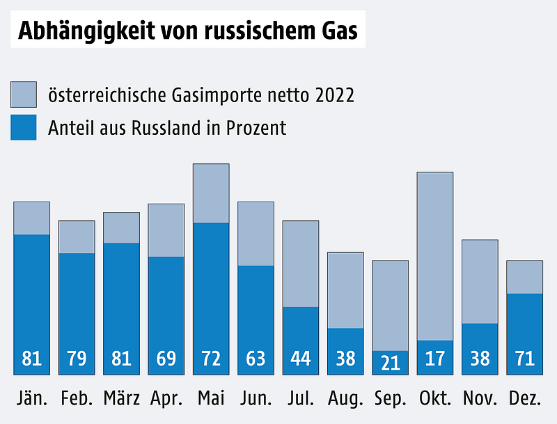Eine Grafik zeigt österreichische Gasimporte im Jahr 2022 und den russischen Anteil
