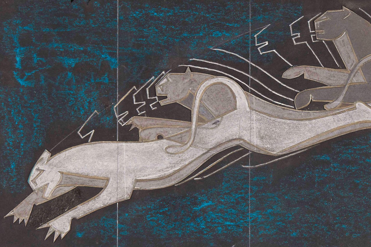 May Ullman, Attacking the Tiger in Three Stages - Landing, 1962 pencil, chalk and pastel on black cardboard