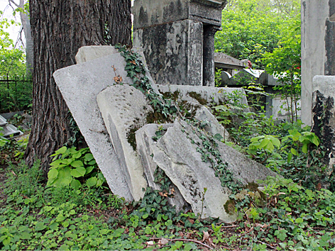 Umgeworfene Grabsteine am jüdischen Friehof